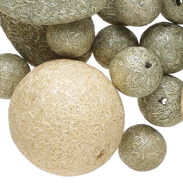 Bead mix, fiber, tan and olive green, 12x11mm-32x21mm rounded flat oval. Sold per 3-ounce pkg, approximately 60 beads. image number 0