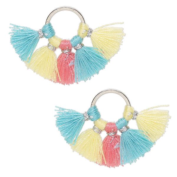 Component, cotton and silver-finished brass, multicolored pastel, 28x20mm tassel. Sold per pkg of 2. image number 0