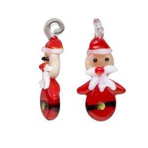 Drop, lampworked glass, opaque multicolored, 24x13mm-29x17mm Santa. Sold per pkg of 2.