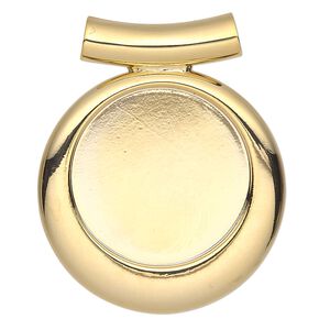 Pendant, Almost Instant Jewelry®, gold-plated "pewter" (zinc-based alloy), 33x28mm single-sided fancy round with 20mm round setting and tube bail. Sold individually.