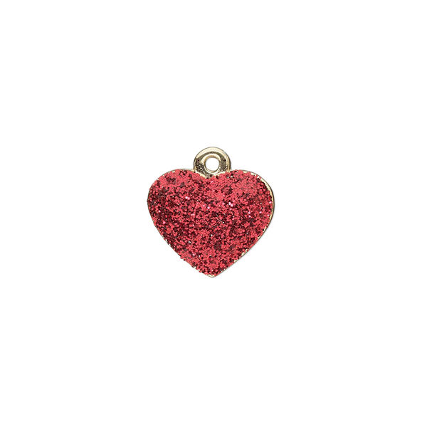 Charm, gold-finished "pewter" (zinc-based alloy), red glitter, 13x11mm single-sided puffed heart. Sold individually. image number 0