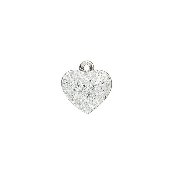 Charm, silver-plated "pewter" (zinc-based alloy), white glitter, 13x11mm single-sided puffed heart. Sold individually. image number 0