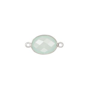 Link, chalcedony (dyed) and sterling silver, aqua blue, 9x7mm-12x10mm oval with 8x6mm-11x9mm hand-cut double-sided faceted flat freeform oval. Sold individually.