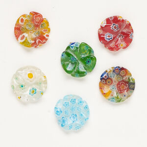 Bead, millefiori glass, translucent multicolored, 19-20mm half-drilled carved flower. Sold per pkg of 6.