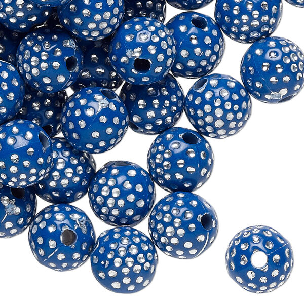 Bead, acrylic, dark blue and silver, 10mm round with dots. Sold per pkg of 100. image number 0