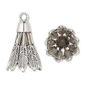 Cone, antique silver-plated "pewter" (zinc-based alloy), 25x18mm feather, 13mm inside diameter. Sold per pkg of 4.