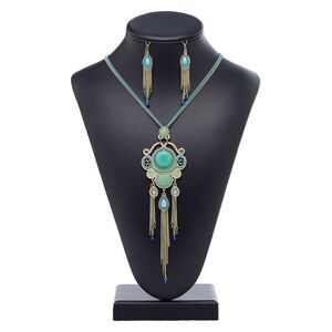 Necklace and earring set, acrylic rhinestone / acrylic / glass rhinestone / glass / enamel / antique gold-finished brass / steel / "pewter" (zinc-based alloy), multicolored, 6-1/2 inch dangle, 30-inch necklace with 3-inch extender chain and lobster claw clasp, 2-1/2 inch earrings with fishhook ear wire. Sold per set.