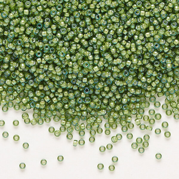 Seed bead, Miyuki, glass, pkg/35g, #15 rocaille, translucent white-lined luster light green, (RR-3764). image number 0
