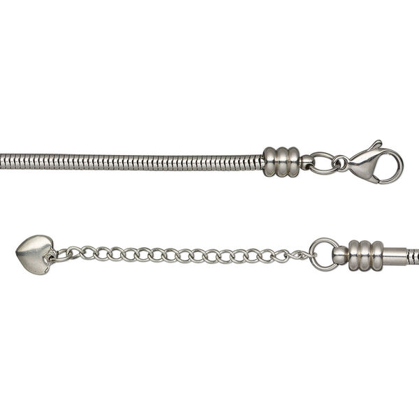 Necklace, Dione® Easy-On Chain, stainless steel, 3.1mm snake, 30 inches with 3.8mm threaded ends and 2-inch extender chain with 8x7.5mm heart and lobster claw clasp. Sold individually. image number 0
