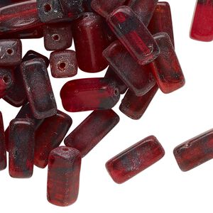 Bead, lampworked glass, translucent red and black, 12x5mm square tube. Sold per 2-ounce pkg, approximately 70 beads.