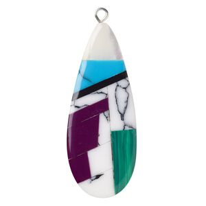 Focal, mother-of-pearl shell / resin / silver-finished copper, purple / green / white, 42x18mm single-sided flat teardrop. Sold individually.