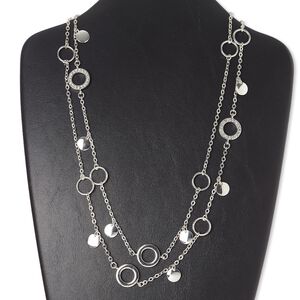 Necklace, glass rhinestone / silver-finished "pewter" (zinc-based alloy) / steel / brass, clear, open round, 46 inches with toggle clasp. Sold individually.