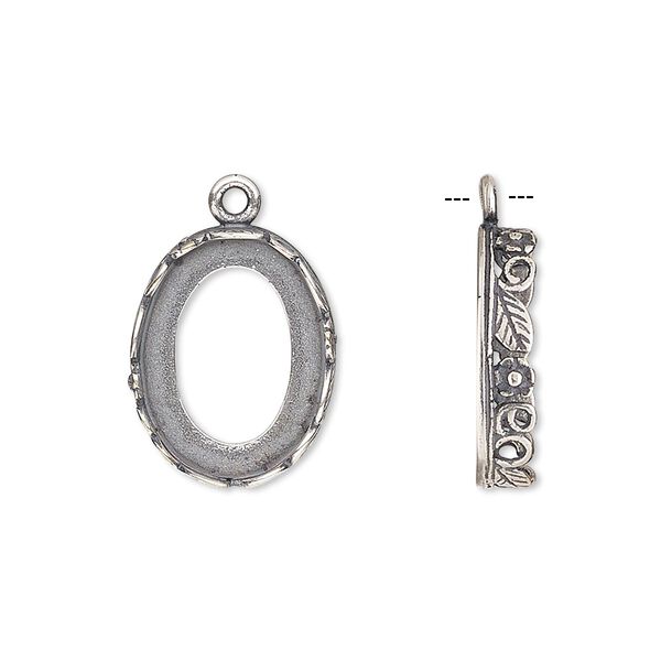 Drop, JBB Findings, antique silver-plated brass, 17x14mm oval with open back and flower and leaf design trim, 16x12mm oval bezel setting. Sold per pkg of 2. image number 0