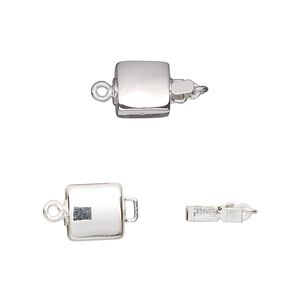 Clasp tab 1pkg2 silver-plated, 8mm flat puffed square / safety latch, brass 1-strand