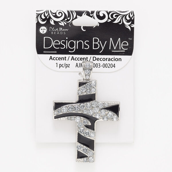 Pendant, silver-finished "pewter" (zinc-based alloy) / glass / enamel, black and clear, 2-7/8 x 1-7/8 inch cross. Sold individually. image number 0