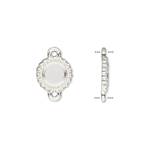 Link, silver-finished brass, 10.5mm single-sided beaded round with 6mm round setting. Sold per pkg of 10. image number 0