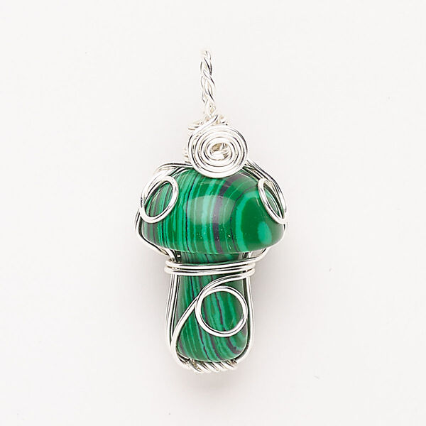 Focal, "malachite"  (resin) (imitation), pkg/1, 34x15mm-34x16mm wire-wrapped mushroom, silver finish / green / dark green. image number 0