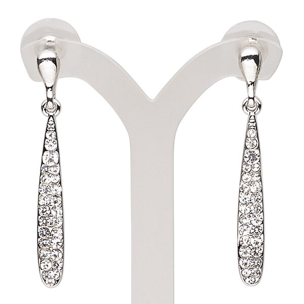 Earring, glass rhinestone / stainless steel / imitation rhodium plated "pewter" (zinc-based alloy), clear, 44mm with teardrop and post. Sold per pair. image number 0
