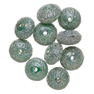 Bead, lampworked glass, translucent green AB, 15x8mm textured rondelle. Sold per pkg of 10.