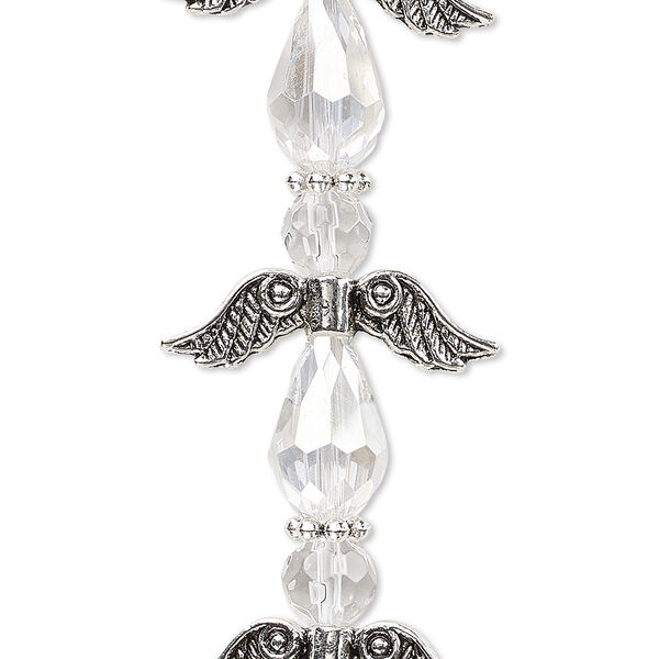 Bead, crystal and antique silver-plated "pewter" (zinc-based alloy), translucent clear AB, 23mm angel. Sold per pkg of 4. image number 0