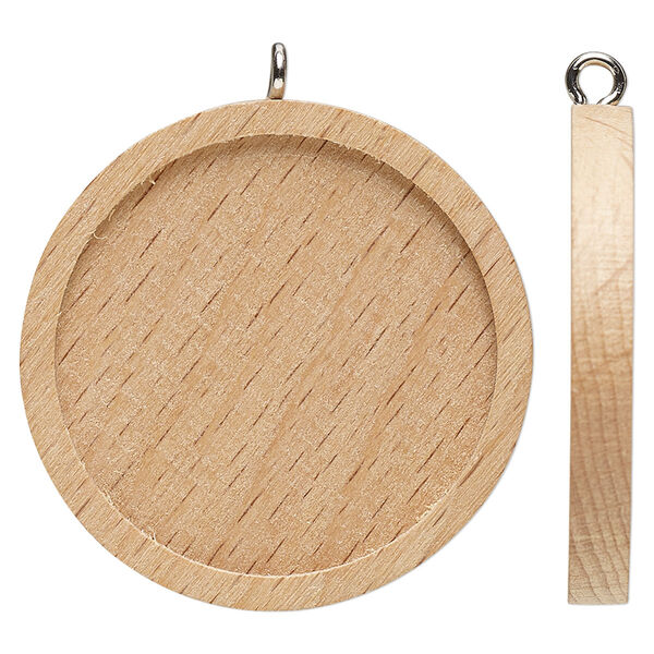 Focal, Japanese pagoda wood (natural) and stainless steel, tan, 35mm single-sided round with 30mm non-calibrated round glue-in setting. Sold per pkg of 8. image number 0