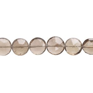 Smoky quartz 1pkg1, hand-cut faceted puffed flat round bead 7 inch 8-10mm