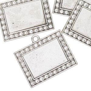 Drop, antique silver-finished "pewter" (zinc-based alloy) and glass, clear, 25x20mm-26x20mm rectangle with 18.5x12mm rectangle setting. Sold per pkg of 6.