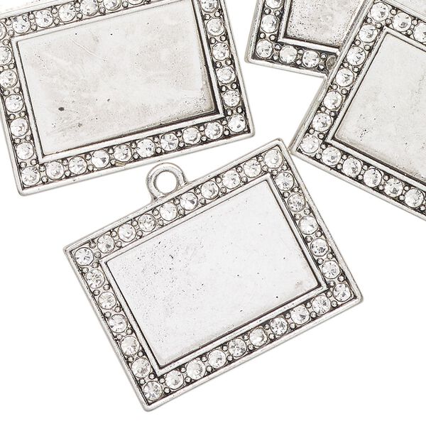 Drop, antique silver-finished "pewter" (zinc-based alloy) and glass, clear, 25x20mm-26x20mm rectangle with 18.5x12mm rectangle setting. Sold per pkg of 6. image number 0