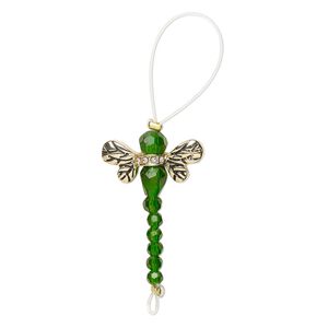 Bead, glass / glass rhinestone / antique gold-finished "pewter" (zinc-based alloy), transparent clear and green, 32x22mm dragonfly. Sold per pkg of 2.