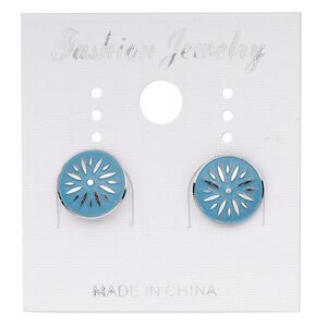 Earstud, stainless steel, blue patina, 10mm round with starburst design. Sold per pair.