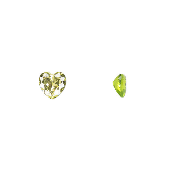 Gem, cubic zirconia, peridot green, 6mm faceted heart, Mohs hardness 8-1/2. Sold per pkg of 2. image number 0