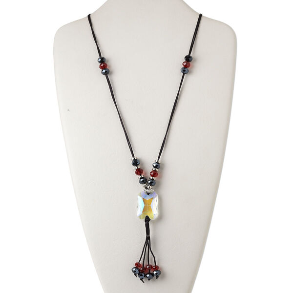 Necklace, glass / silver-coated plastic / plastic / silver-finished steel / nylon cord, multicolored, 33x24mm faceted rectangle with dangle, 30-34 inches with lobster claw clasp and 2-inch extender chain. Sold individually. image number 0