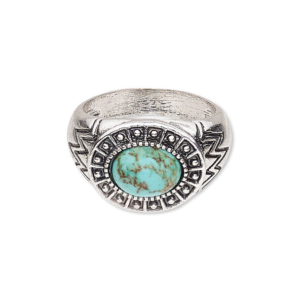 Ring, magnesite (dyed / stabilized) and antique silver-plated "pewter" (zinc-based alloy), turquoise blue, 18mm wide with oval, size 9. Sold individually. image number 0