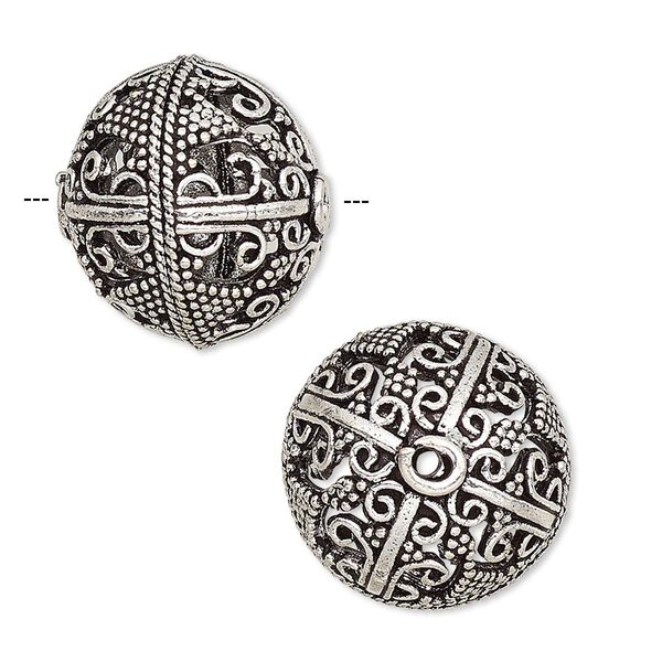 Bead, antique silver-plated brass, 18mm beaded round with swirls and cutouts. Sold individually. image number 0