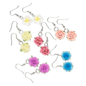 Earring, polymer clay and steel, assorted colors, 15mm flower shape with fishhook ear wire. Sold per pkg of 6 pairs.