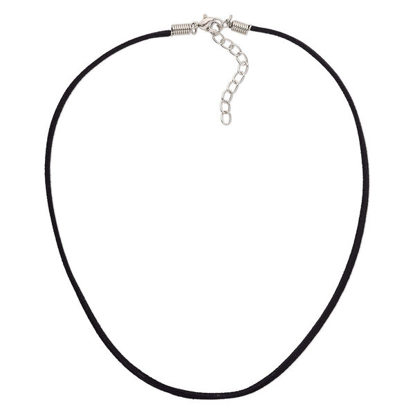 Necklace cord, faux suede with silver-plated steel and "pewter" (zinc-based alloy), black, 2.5-3mm wide, 16 inches with 3-inch extender chain and lobster claw clasp. Sold per pkg of 10. image number 0