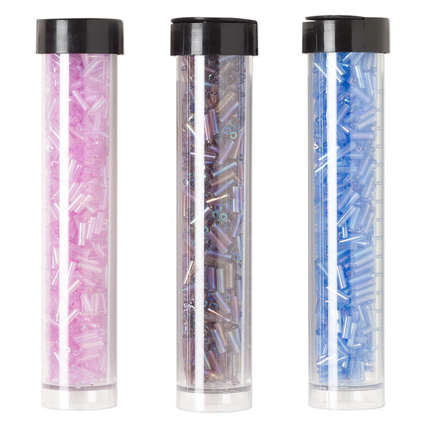 Bugle bead mix, Ming Tree™, glass, transparent rainbow light amethyst purple / blue / lilac, 1/4 inch. Sold per pkg of (3) 4 x 3/4 inch vials, approximately 2,000 beads. image number 0