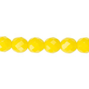 Bead, Czech fire-polished glass, opaque yellow, 8mm faceted round. Sold per 15-1/2" to 16" strand, approximately 50 beads.