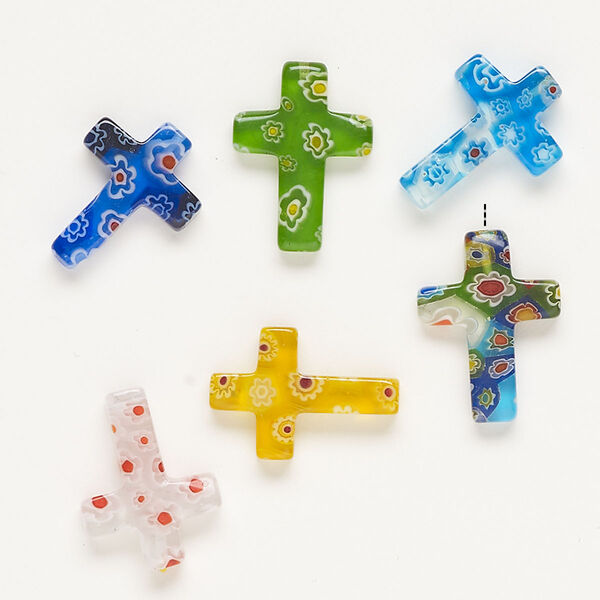 Component, millefiori glass, translucent multicolored, 20x12mm-30x20mm cross. Sold per pkg of 6. image number 0