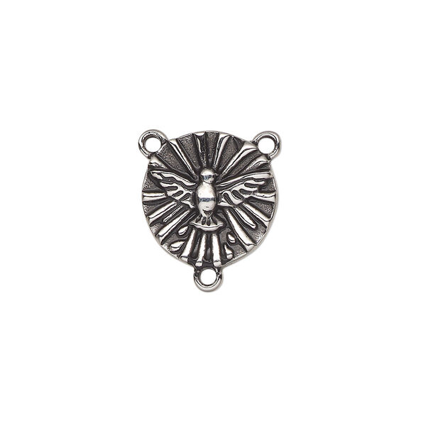 Connector, antiqued stainless steel, 15mm double-sided round rosary with dove. Sold individually. image number 0