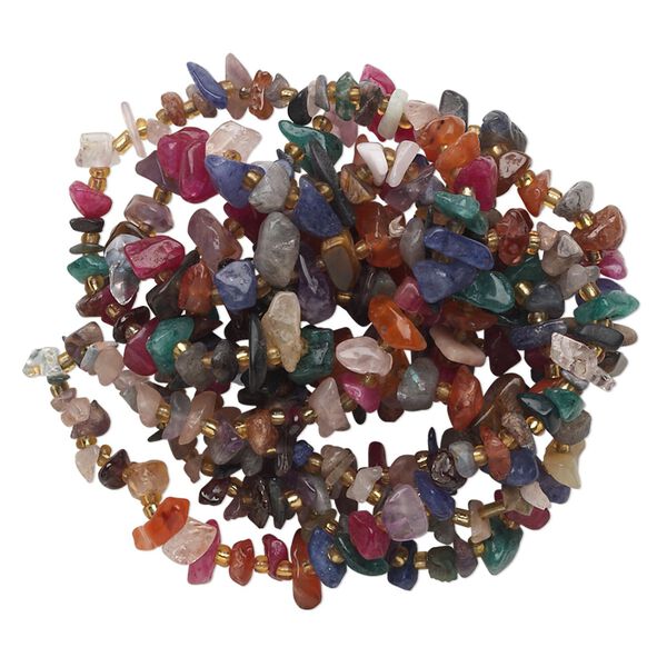 Bead, multi-gemstone (natural / dyed) and glass, multicolored, small chip, Mohs hardness 3 to 7. Sold per 36-inch strand. image number 0