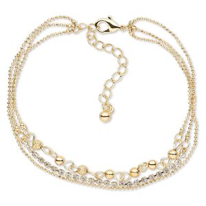 Bracelet, 3-strand, crystals and gold-finished brass, crystal clear, 8mm wide, 8 inches with lobster claw clasp and 2-inch extender chain. Sold individually.