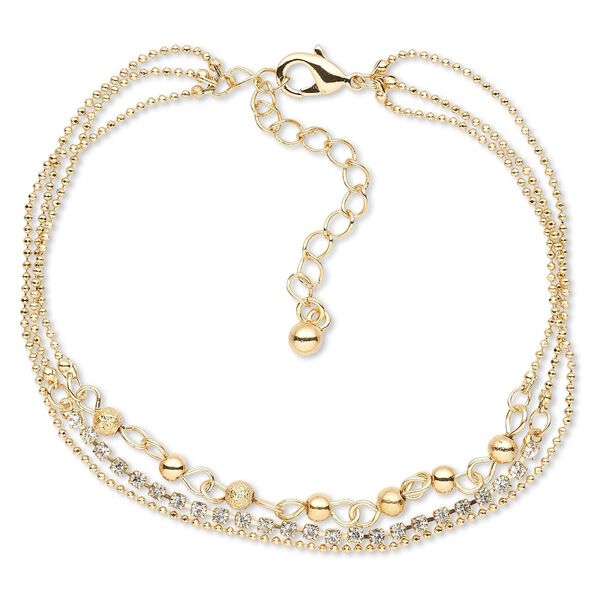 Bracelet, 3-strand, crystals and gold-finished brass, crystal clear, 8mm wide, 8 inches with lobster claw clasp and 2-inch extender chain. Sold individually. image number 0