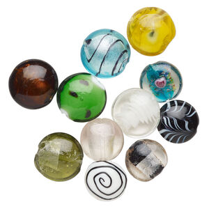 Bead mix, lampworked glass, pkg/4 ounces, opaque to transparent mixed colors with silver-colored foil and copper-colored glitter, 22-31mm puffed flat round.