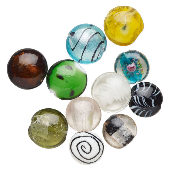 Bead mix, lampworked glass, pkg/4 ounces, opaque to transparent mixed colors with silver-colored foil and copper-colored glitter, 22-31mm puffed flat round. image number 0