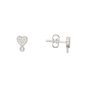 Earstud 1pkg2 rhodium-plated sterling silver / cubic zirconia, 5x5mm heart / closed loop / earnuts, clear 1 pair