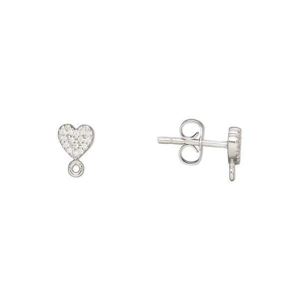 Earstud 1pkg2 rhodium-plated sterling silver / cubic zirconia, 5x5mm heart / closed loop / earnuts, clear 1 pair image number 0