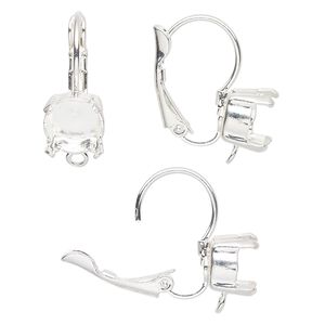 Ear wire leverback 1pkg2 silver-plated, 20mm / SS39 rivoli or chaton 4-prong setting, brass 1 pair