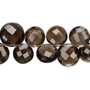 Smoky quartz 1pkg1, hand-cut top-drilled faceted puffed flat round bead 6 inch 10-12mm