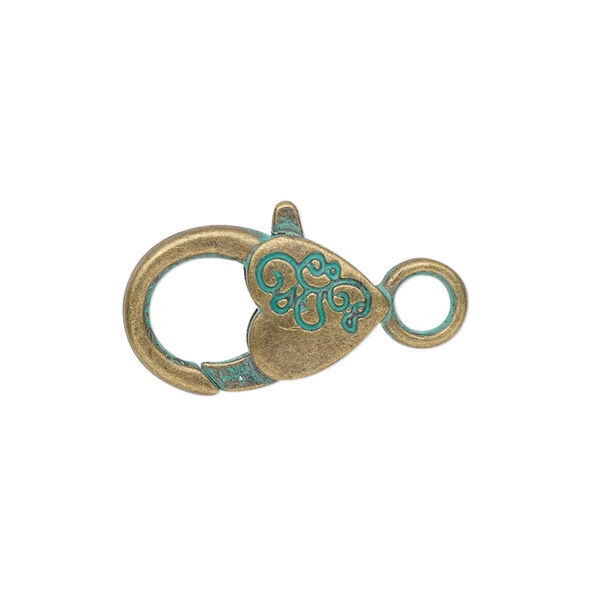 Clasp, lobster claw, antique brass-plated "pewter" (zinc-based alloy), green patina, 19.5x12.5mm double-sided heart with swirl design. Sold per pkg of 6. image number 0